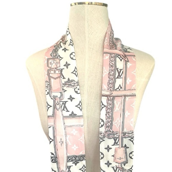 NWT Louis Vuitton Monogram BB Bandeau Pink White Gray 100% Silk Scarf 3x47” - Picture 2 of 7